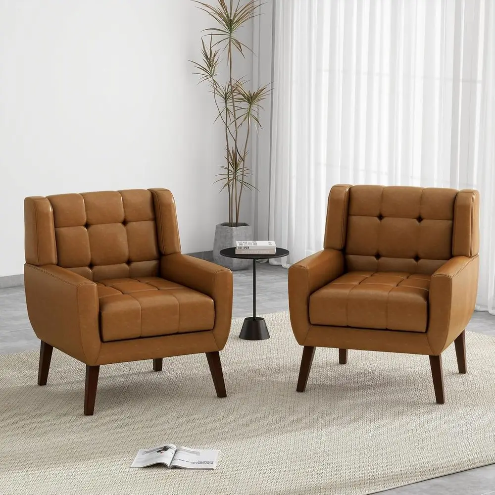 

Set of 2 Brown PU Leather Club Armchairs for Living Room, Comfortable Upholstered Accent Chairs with Solid Wooden Legs