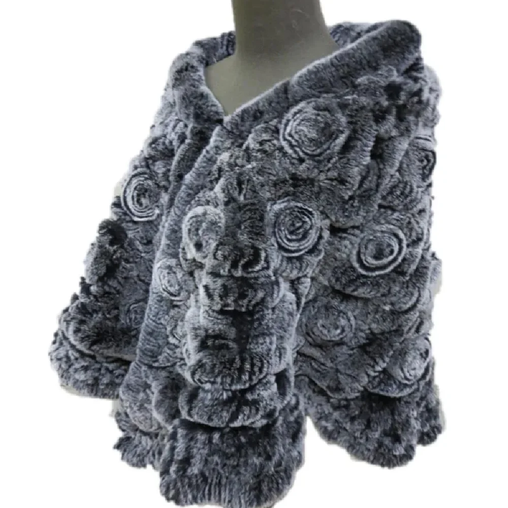 Women Real Rex Rabbit Fur Cape Coat Female Knitted Semicircle Rose Poncho Lady Winter Warm Wraps Hollow out woven pattern