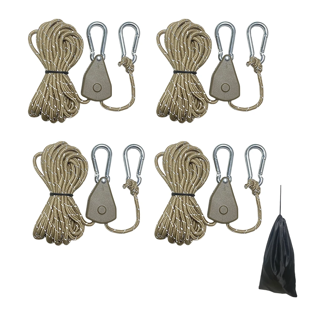 4Pcs 400cm Adjustable Outdoor Camping Reflect Light Wind Rope Pulley Tie Down with Secure Carabiner Hooks Metal Gear Pulley Rope