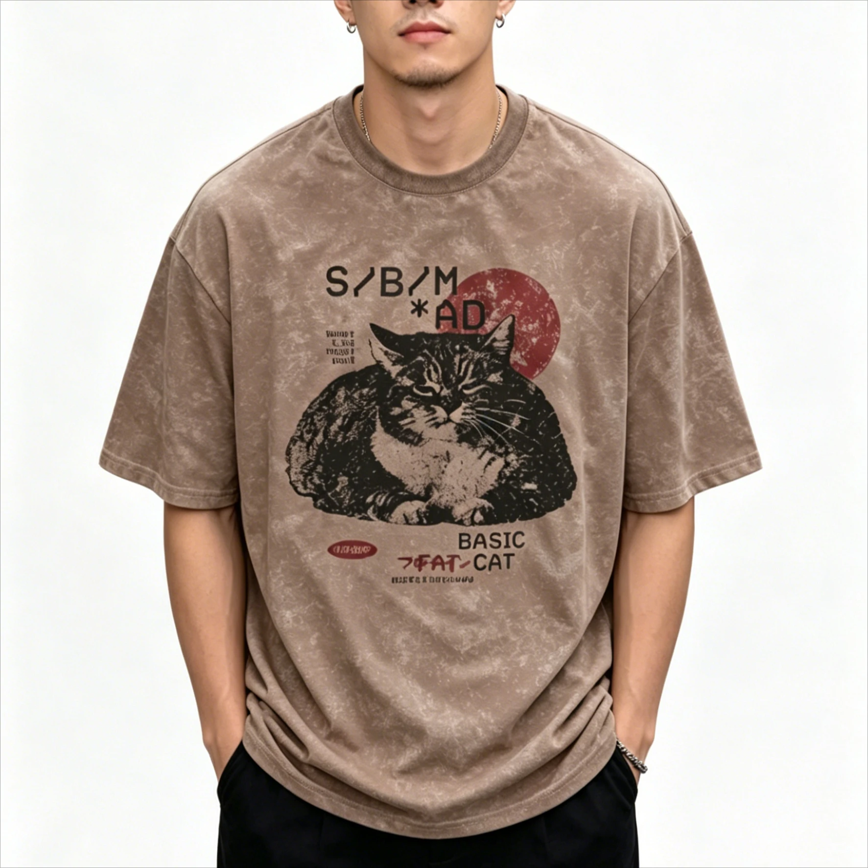 90s Grunge Mineral Wash Brown Oversized Tee Vintage Fat Tabby Cat Print Loose Heavy Weight 100% Cotton Unisex Streetwear T Shirt
