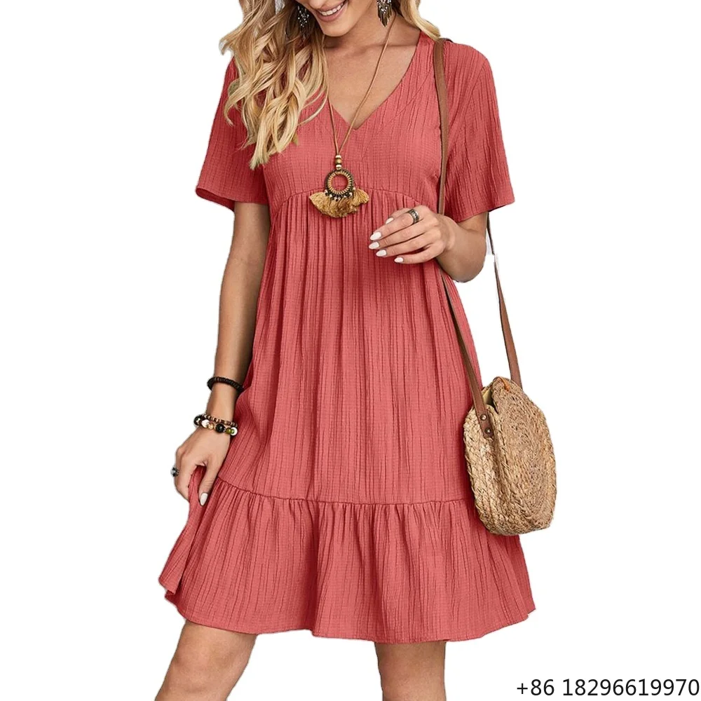 Wholesale New Fashion Women Summer Short Sleeve Pleated Loose Dresses V-neck A-line Soft Beach Vacation Casual Dress