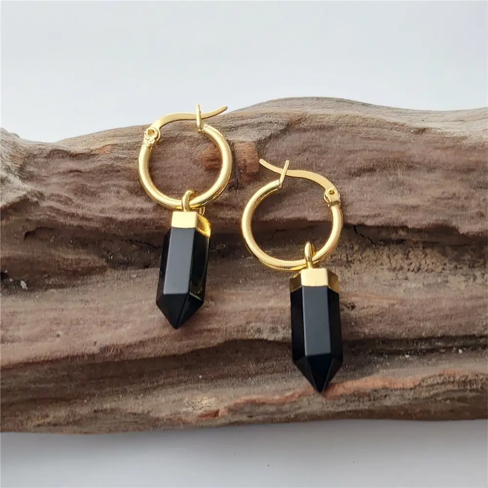 FUWO Wholesale Natural Obsidian Point Earrings,Golden Plated Handmade Faceted Black Crystal Women Jewelry 5Pairs/Lot ER120