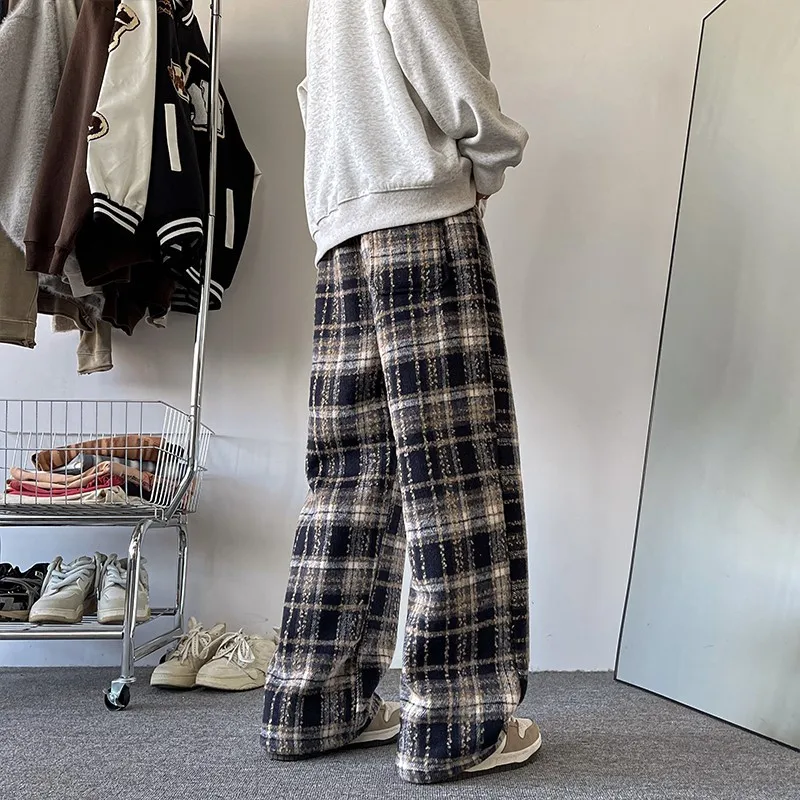 2024 Winter Fleece pants men Trendy Unfleeced Men\'s Plaid Casual Pants Loose Straight Warm Long Pants Mopping Trousers For Men