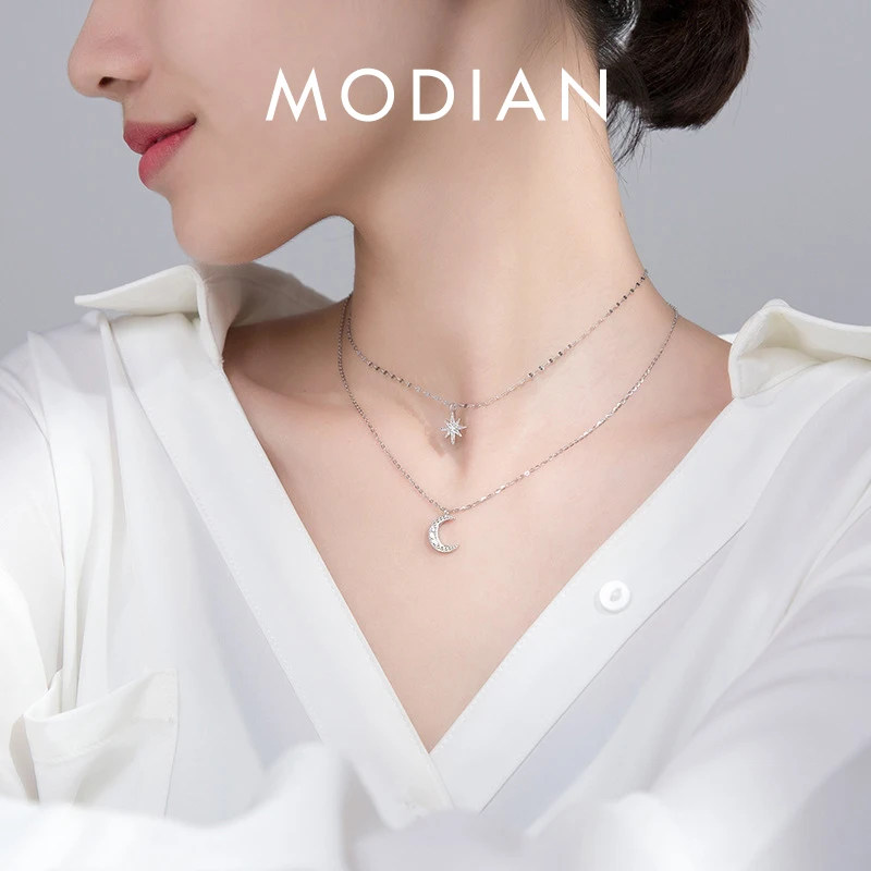 

Женское колье Modian из стерлингового серебра 925 пробы с блестящим цирконием, подвеска Звезда Луна, ювелирные украшения для свадебной вечеринк...