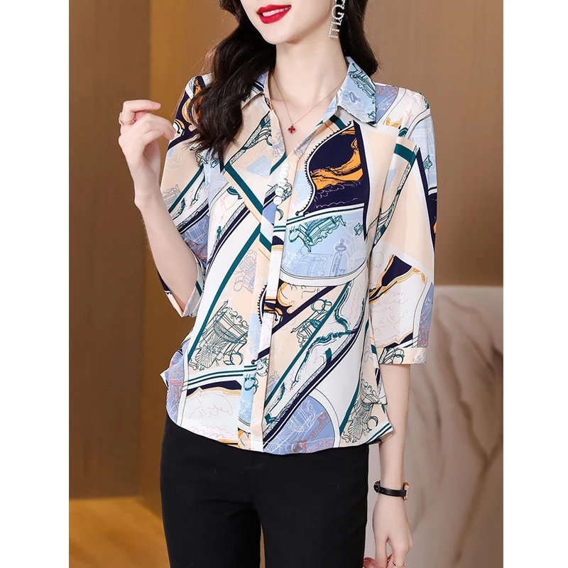 Women Print Korean Style Elegant Blouses Spring Summer Turn Down Collar 3/4 Sleeve Shirts Casual Slim Tops Blusa Mujer Moda 2023