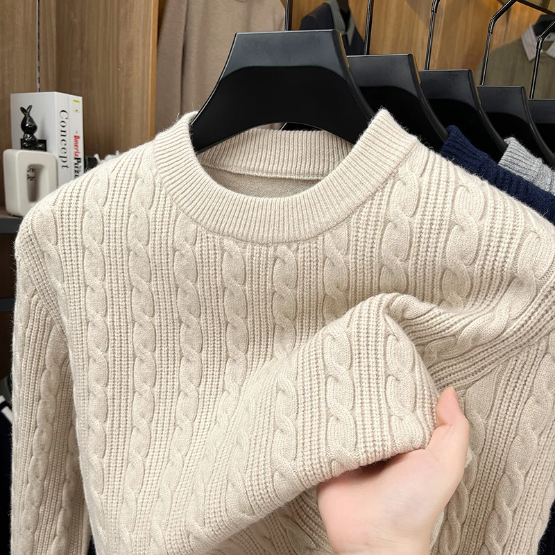 High Quality Man Long Sleeves Knitted Sweater Round Neck Cable Design Warm British Style Thicken Autumn New Leisure Leisure Mens