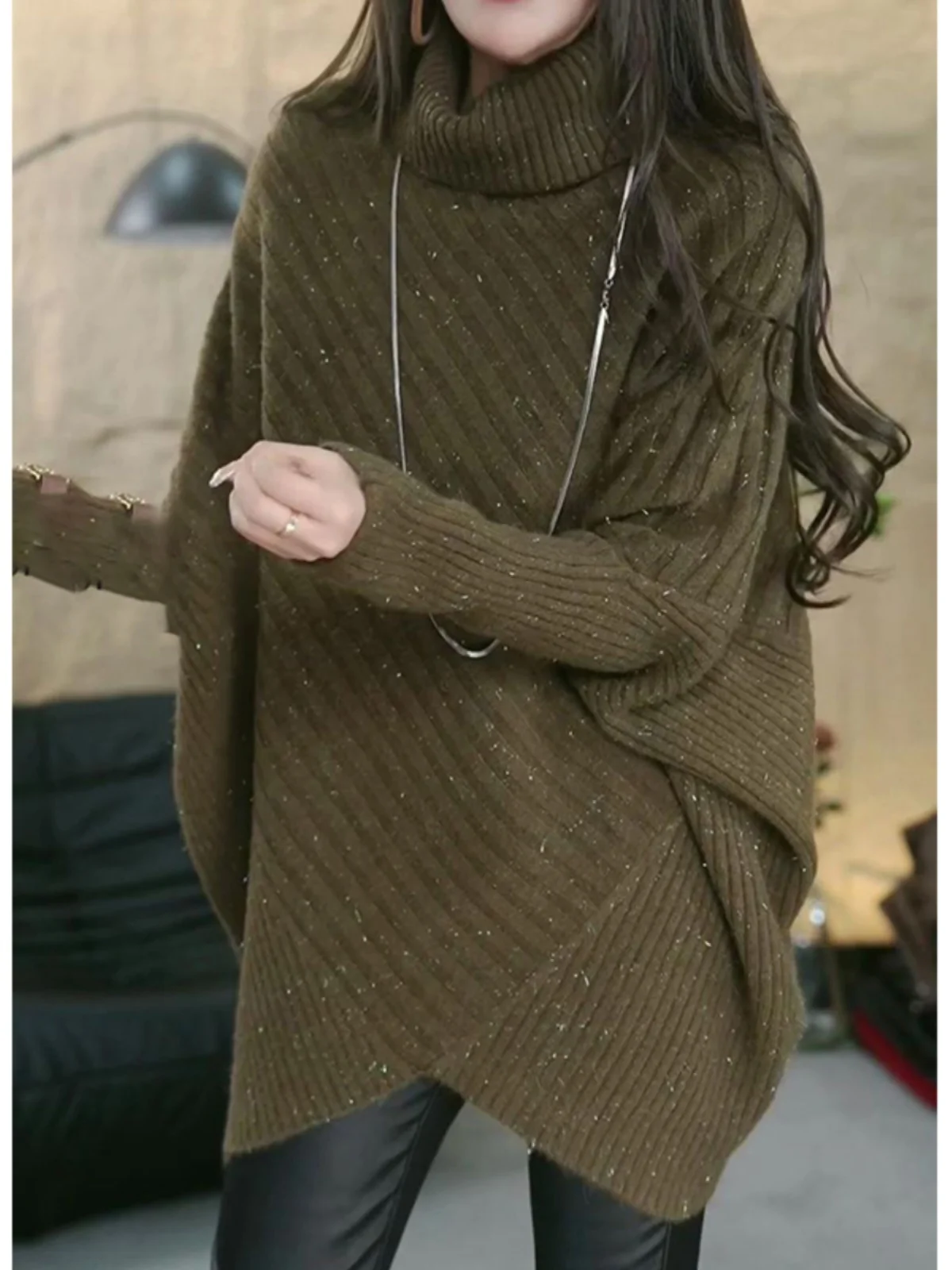 

Красный вязаный свитер с iny Tead с высоким воротником и летучей мышью, свободный топ средней длины для женщин Ele Sle