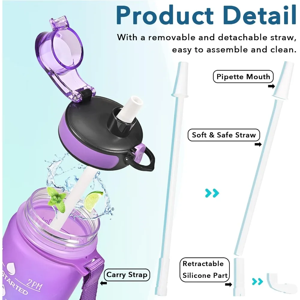 Large Capacity Water Bottle with Drinking Time and Straw, Leakproof, Suitable for Office, Gym, Outdoor Sports Water Bottle