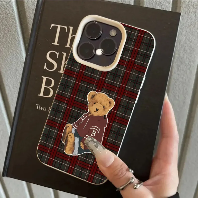 Grid Retro Teddy Bear Pattern Lychee Texture Phone Case For iPhone 17 16 15 14 13 X XS XR 12 11 Pro Max Plus 17 Air  Soft Cover view 2