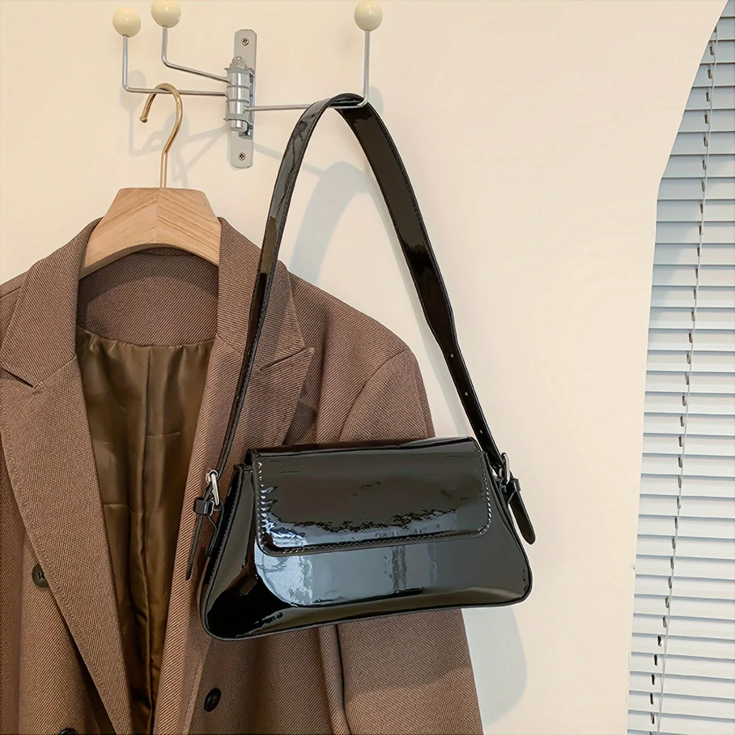 French Mirror Finish Shoulder Bag Flapover Satchel with Adjustable Strap in Various Colors