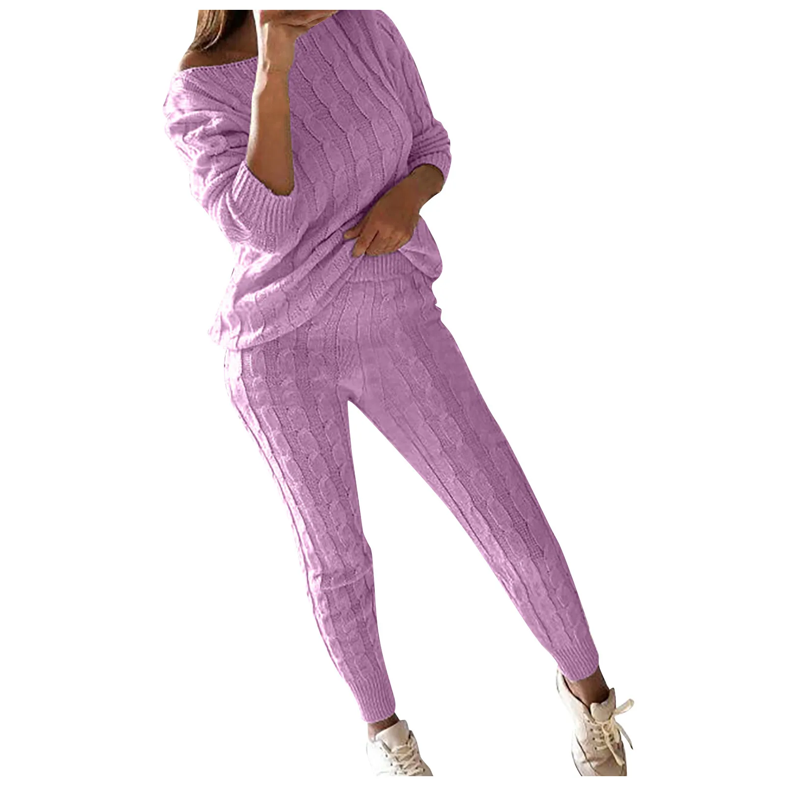 Women Solid Color 2 Pieces Sets Casual Women Knitted Long Sleeve Sweater Top & Long Pants Suit Clothing 2022 Autumn Winter New
