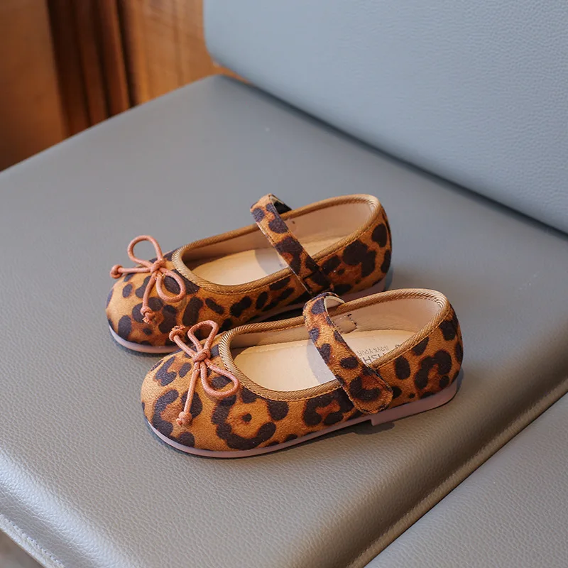 Zapatos planos con estampado de leopardo para niños, calzado con lazo de gancho poco profundo, suela suave de PU, Mary Janes