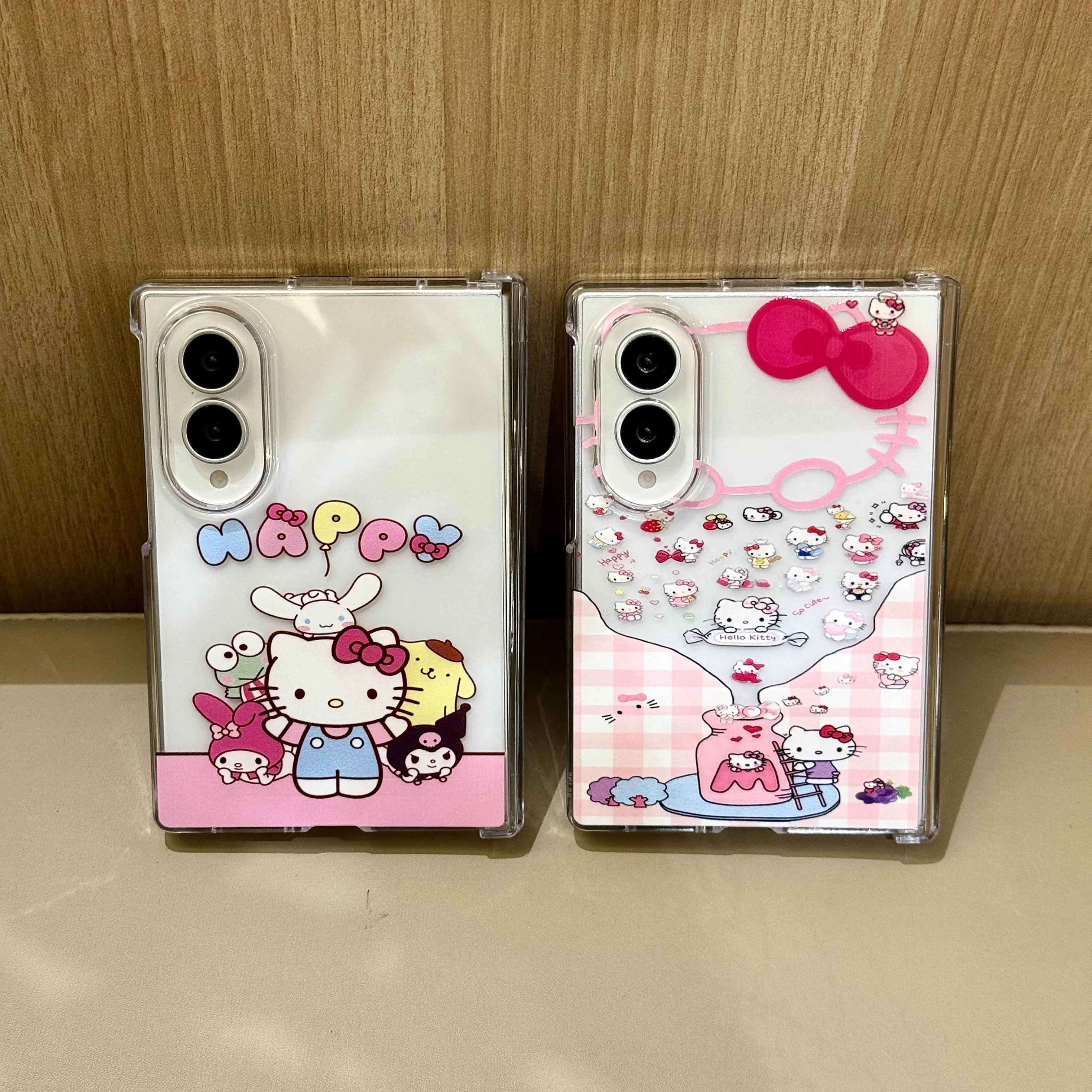 Korean Pink Grid Cartoon HelloKitty Cluster Print Cover For Samsung Galaxy Z Fold 8 7 6 5 4 Fold 8 Ultra With Fashion Chain Case