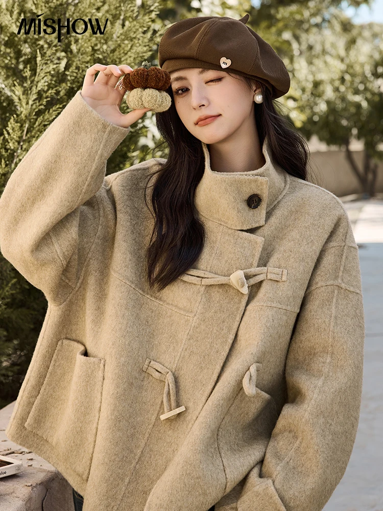 MISHOW Reversible Wool Velvet Coat Cow Horn Button Lapel Coat 2024 Winter Fashion Luxury Senior Korean Tweed Jacket MXD44W0446