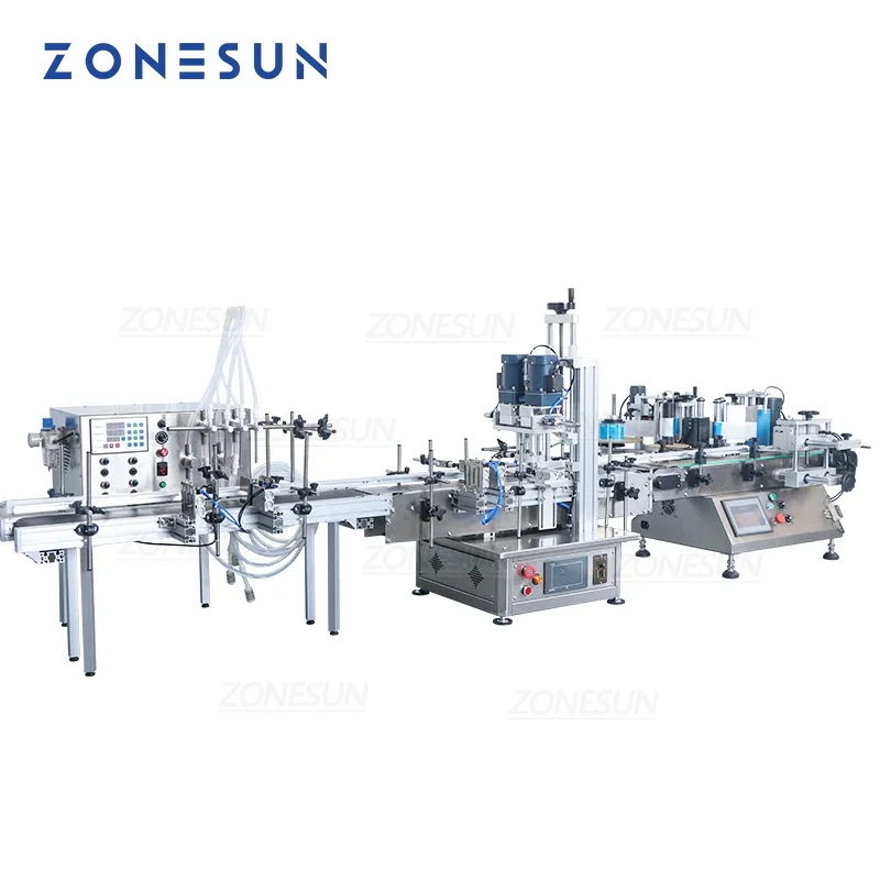 ZONESUN-máquina etiquetadora de llenado y tapado completamente automática, línea de producción, aceite, desinfectante de manos, botella de plástico, jabón líquido, agua