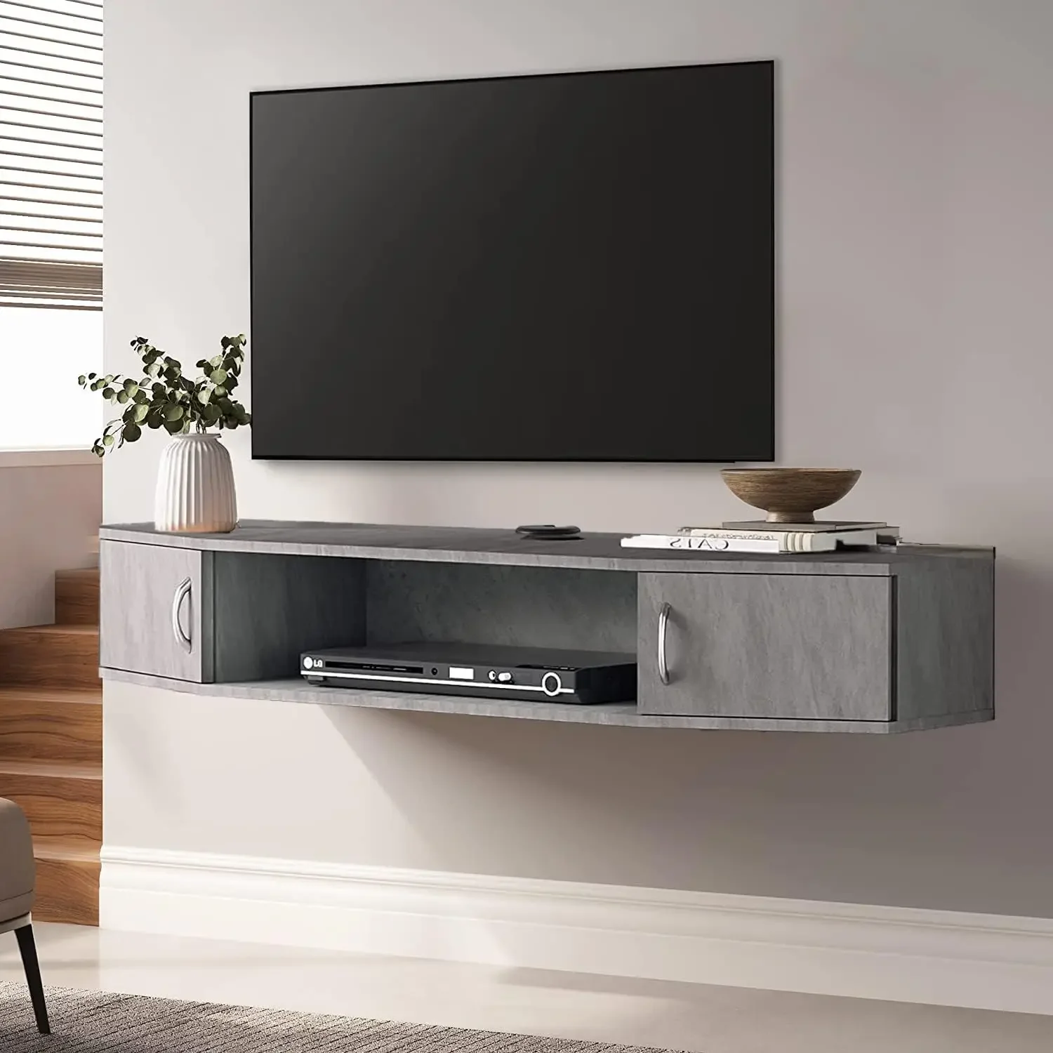 

Floating TV Stand Wall Mounted TV Shelf Entertainment Center Walnut Media Console with Doors Cabinet Modern Component