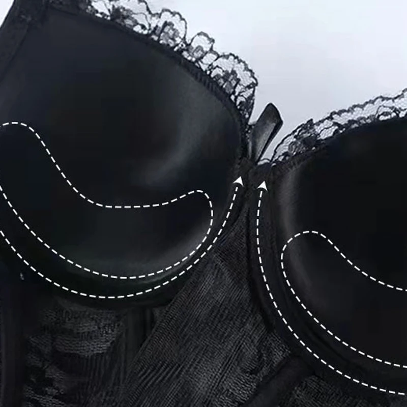 S-L Lingerie korset seksi Bustier Bra Push Up renda wanita dengan Thong Bodysuit pita elastisitas tinggi pakaian dalam hitam sejuk baru