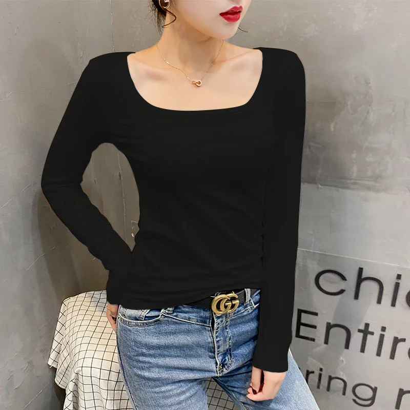 

All Season Cotton Sexy Long Sleeve T-shirt Women Slim Pullover Tops Fitting Tight Solid Blouse Basic Simple Square Collar Design