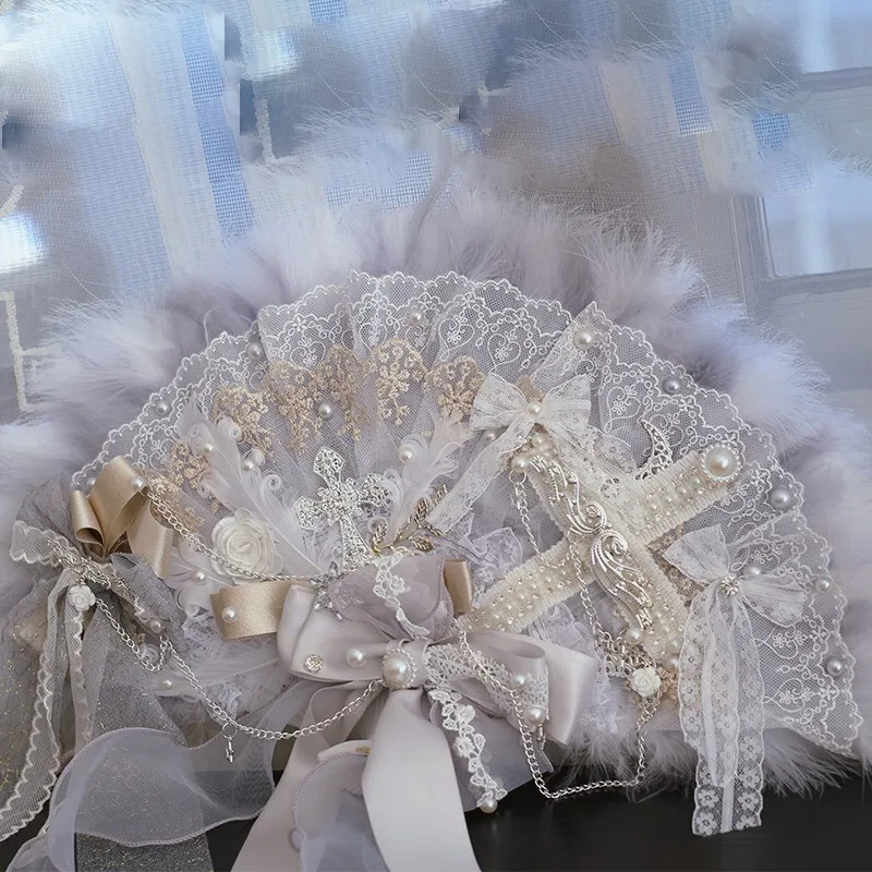 Lolita KC Hand Fan Sweet Girl Lace Bowknot Pearl Rose Flower Feather Folding Hand Fan Wedding Bride Party Decoration Gift