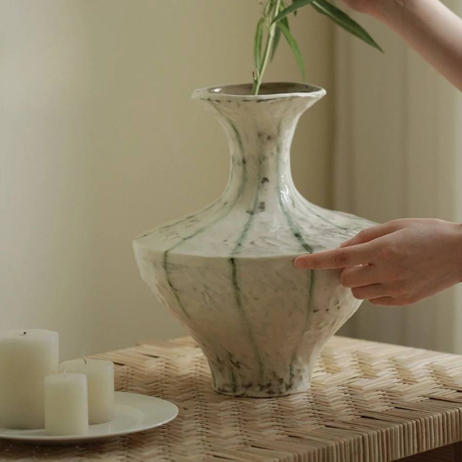 مزهرية سيراميك مصنوعة يدويًا على الطراز الصيني الجديد لغرفة المعيشة وطاولة الطعام وتنسيق الزهور