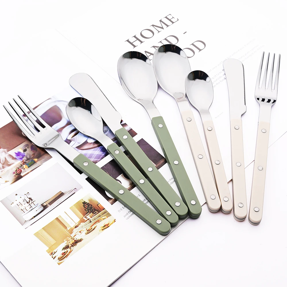 Beige Silber 4/16 Stücke Geschirr Acryl Griff Messer Gabel Löffel Set Edelstahl Besteck Set Westlichen Abendessen Küche besteck – Detail 6