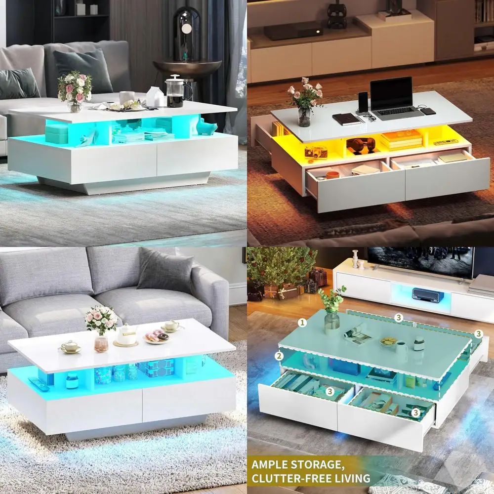 Modern White LED Coffee Table with 4 Drawers, Rectangular Storage Table for Living Room, Open Shelf & Sliding Drawers