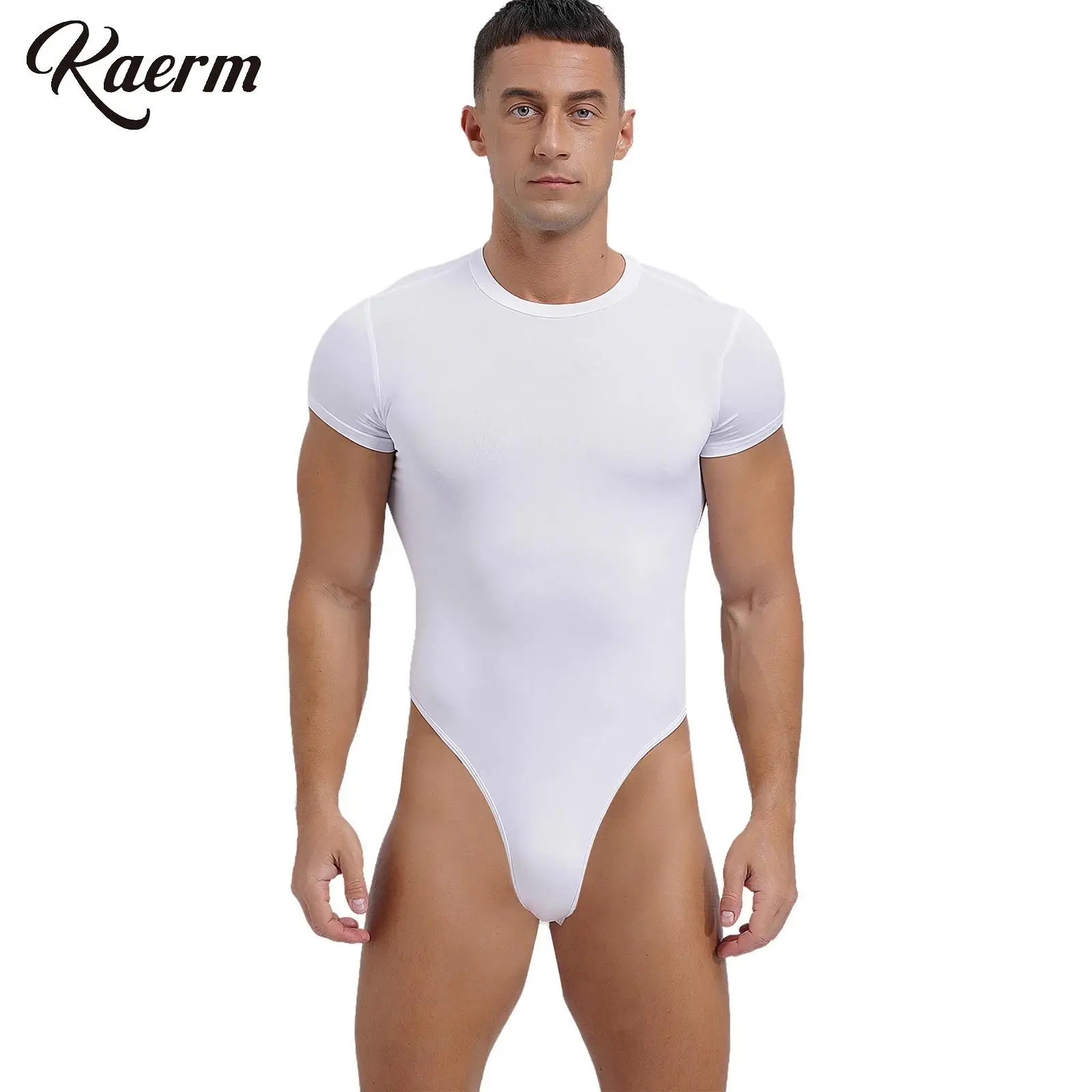 

Men Sport Bodysuit Short Sleeve Round Neck Buttoned Crotch Jumpsuit Solid Color Athletic Leotard for Bodybuilding Yoga Clothing