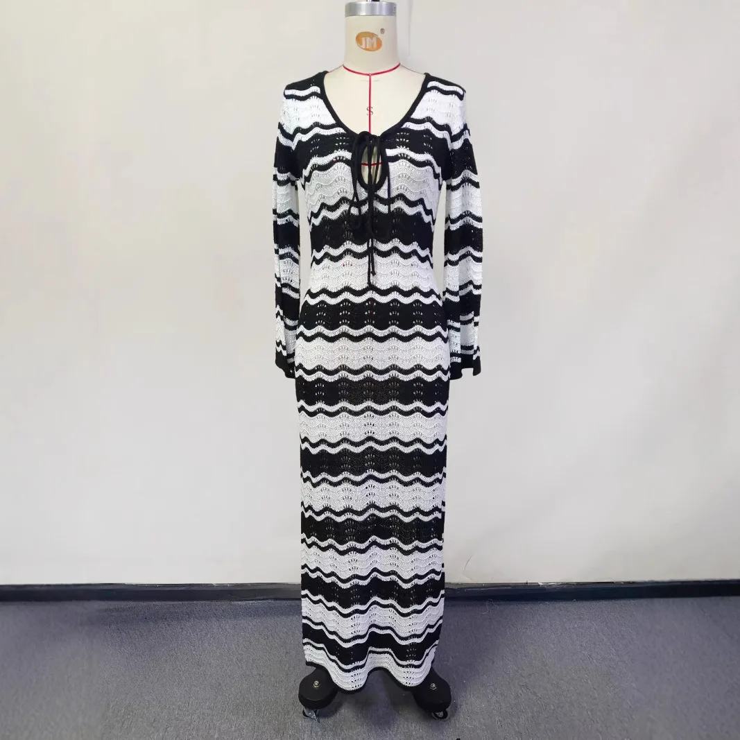 2025 Vestidos de punto a rayas a la moda para mujer, Maxi vestido de playa de manga larga para mujer, batas ajustadas de punto con cuello calado