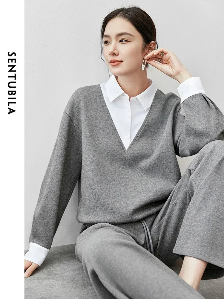 SENTUBILA Women Pant Set 2024 Autumn Patchwork 2 in 1 Sweatshirt High Waist Straight Trousers 2 Piece Set New Sets 143Z56036