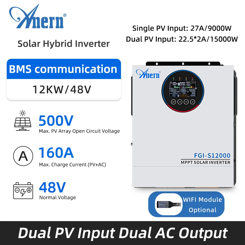 

Гибридный солнечный инвертор Anern 12 кВт, 48В/220В, с двойным входом PV, двойным выходом AC, MPPT 160А, для литиевых и свинцово-кислотных аккумуляторов (BMS)