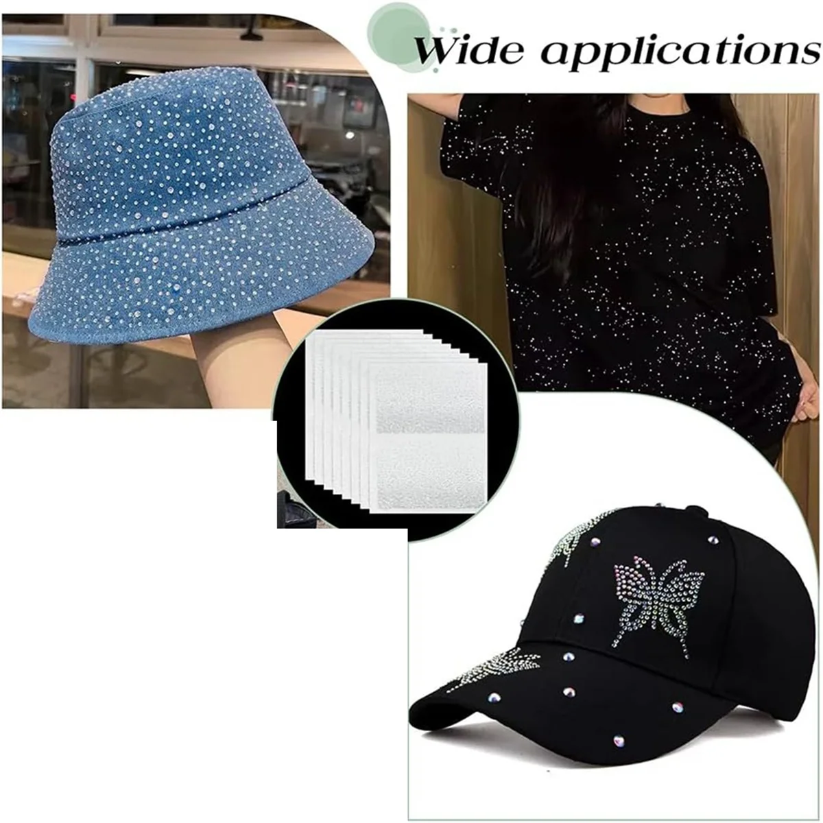 AA98 8 Arkuszy Brokatowych Naprasowek z Cyrkoniami, 16 Sztuk Szklanych Aplikacji z Cyrkoniami, Kryształowe Naklejki z Cyrkoniami na Ubrania