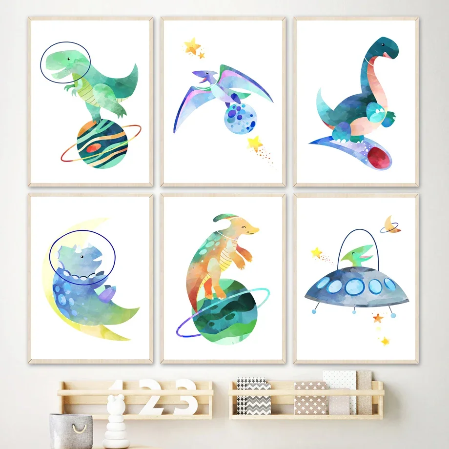 Impression sur toile d'art mural de dessins animés de dinosaures, fusées, planètes, OVNIs et étoiles, esthétique minimaliste, pour salon, décoration moderne de la maison