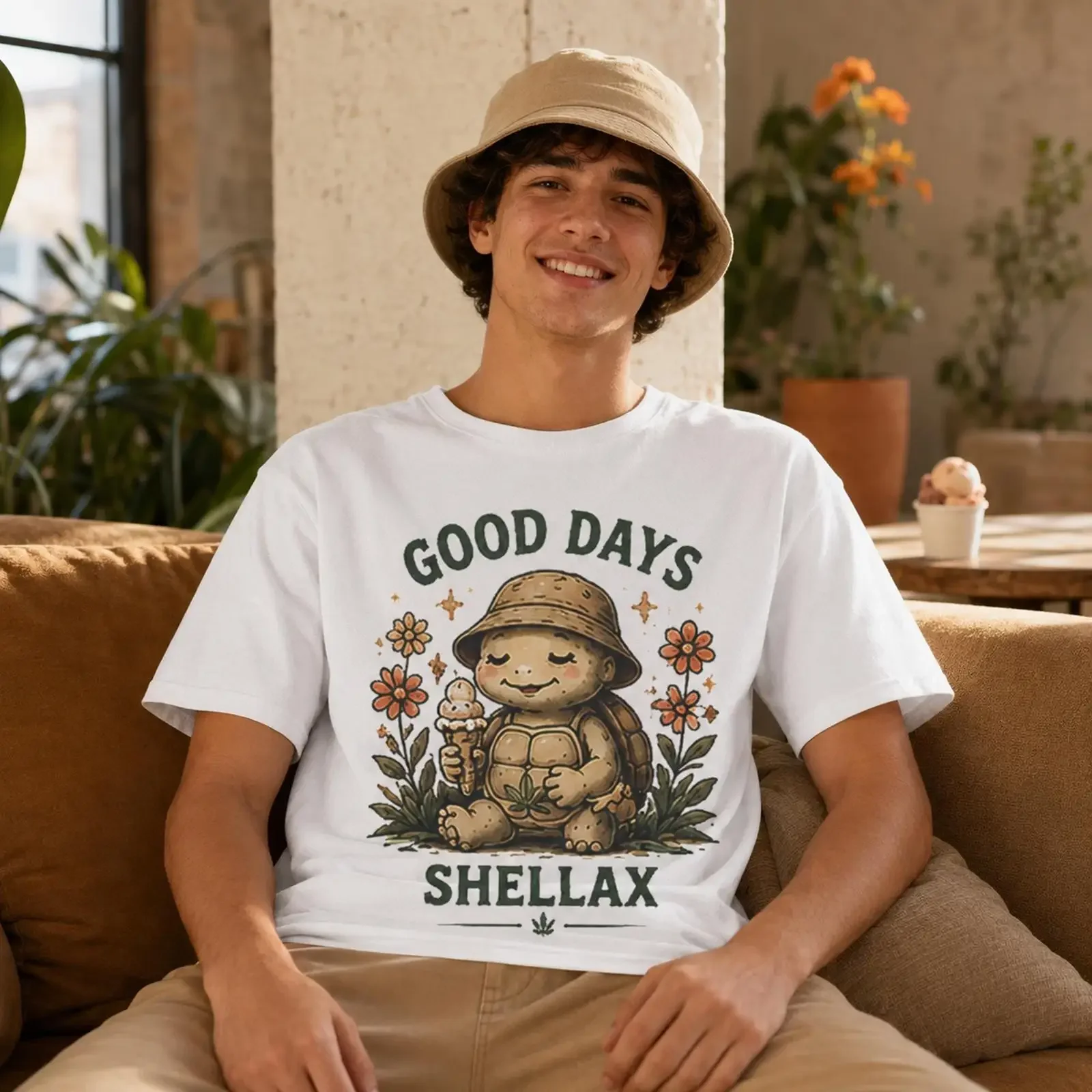 SHELLAX Turtle T Shirt with Bucket Hat Funny Cozy for Fans vintage Washed streetwear fashion Top For Everyday Wear Stylish