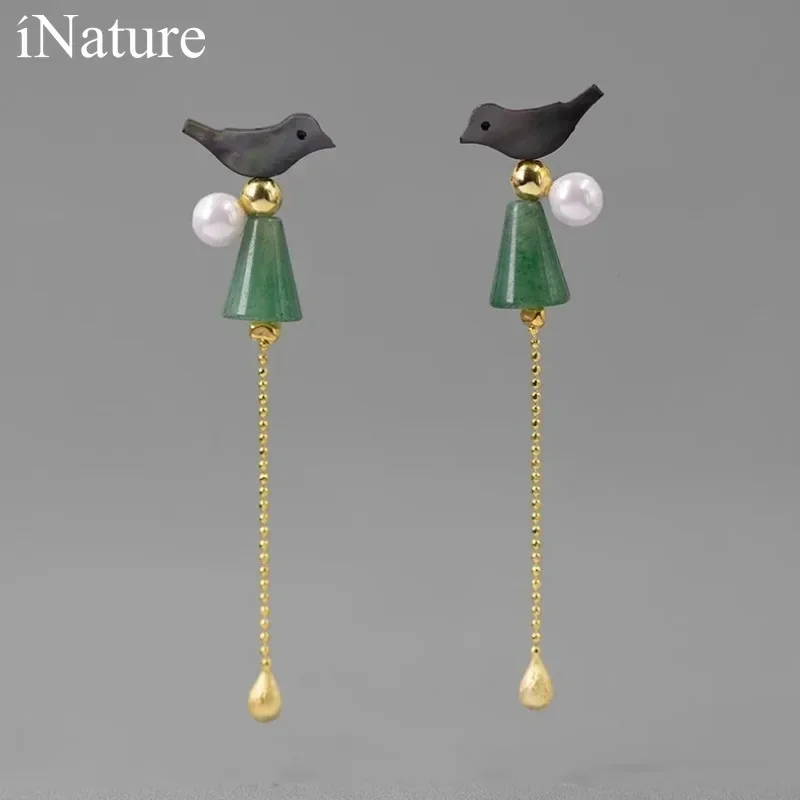 INATURE 925 Sterling Silver Natural Aventurine Cute Bird Bell Long Drop Earrings for Women Desinger Jewelry