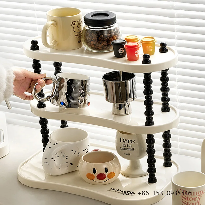 Tea Coffee High Level Living Room Double Layer Plastic Cup Sundry Holder Storage Rack Office Storage and Sorting Assistant