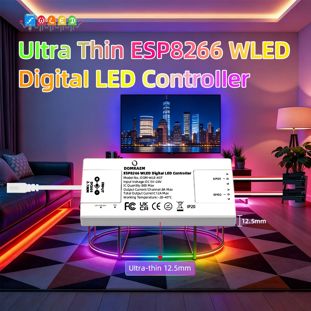 

DOMRAEM ESP8266 Digital DIY WLED LED Controller - Ultra-Thin 2CH 12A, 1600 ICs WS2812B/2814/2805, WiFi MQTT/Home Assistant/Alexa