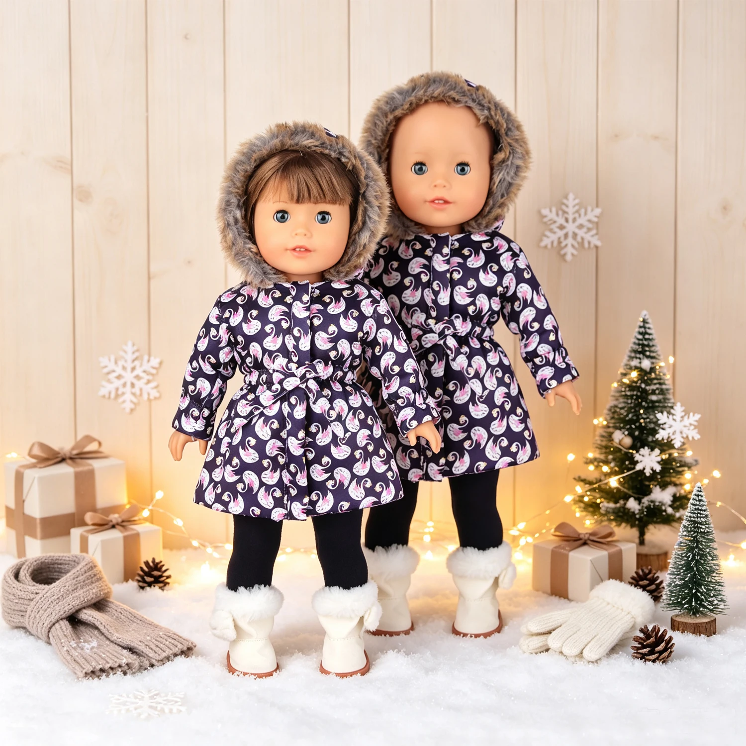 Winter Doll Clothes Set Floral Paisley Hooded Parka With Pants + Snow Boots For 18