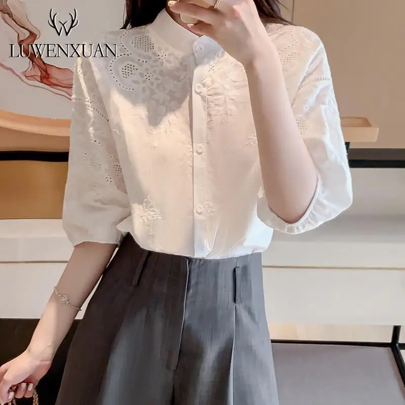 Elbow Sleeve Stand Collar Temperament Office Lady Fashion Casual Thin Spring Summer Solid Blouses Women\'s Clothing Hollow Out