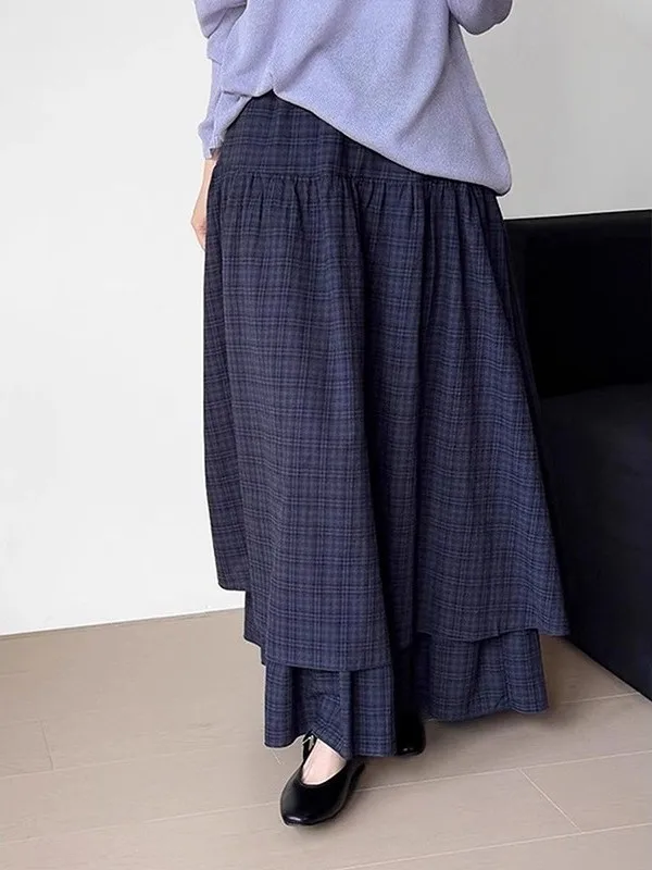 Retro Japanese Style High Waist A-Line  Skirt with Double Layer Plaid Design for Women Casual Autumn Season Fashion
