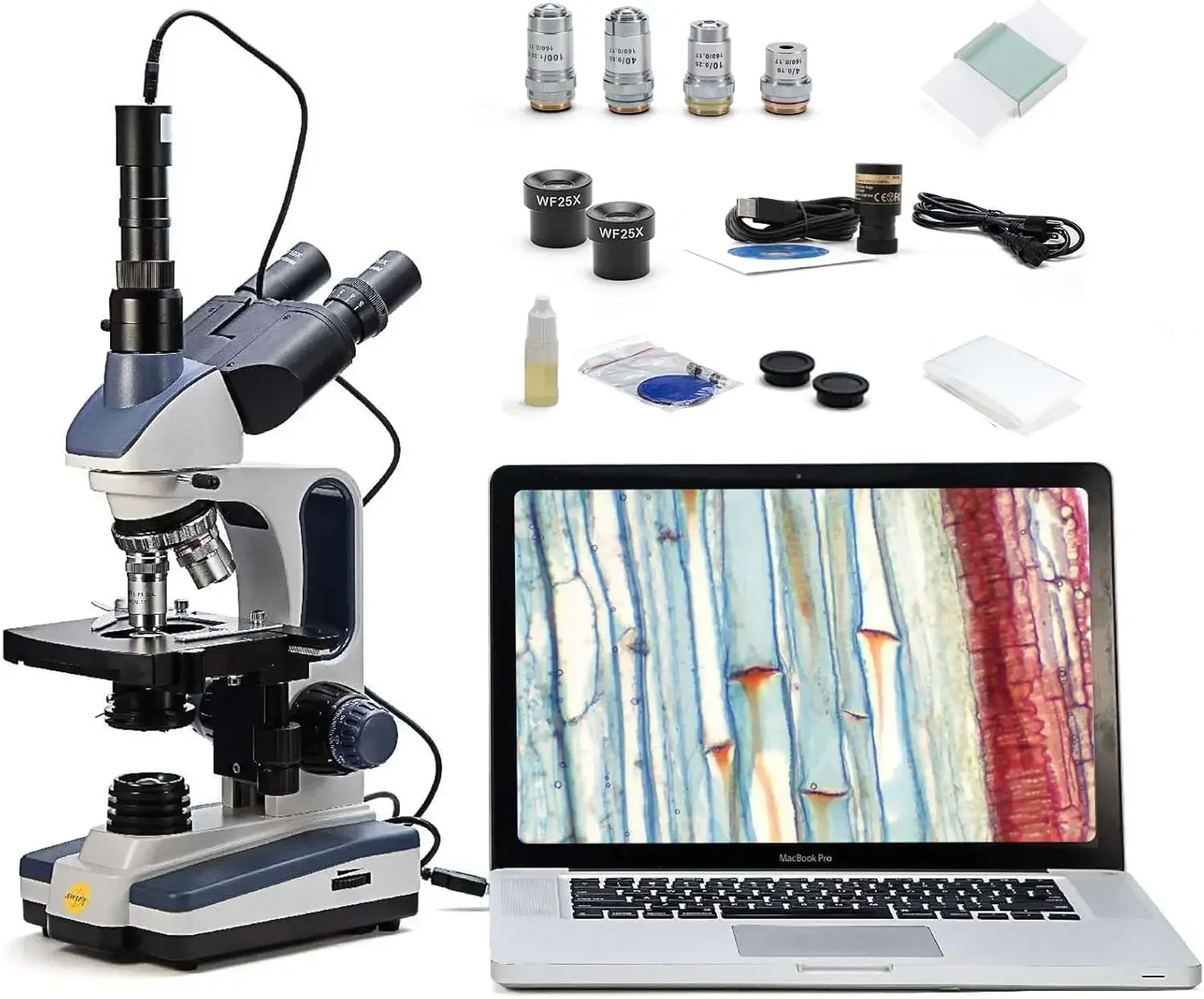 Trinocular Compound Microscope SW350T,40X-2500X Magnification,Siedentopf Head,Research-Grade,Two-Layer Mechanical Stage,1.