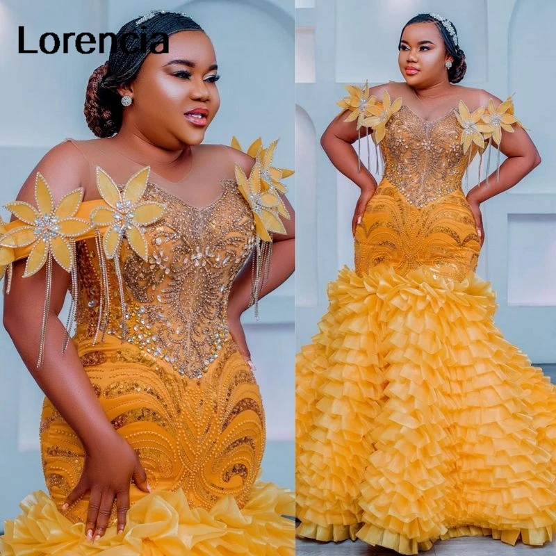 

Customized Elegant Aso Ebi Gold Tiered Mermaid Prom Dress Beaded Crystal Floral Applique Evening Gown Robe De Sorrie YPD253