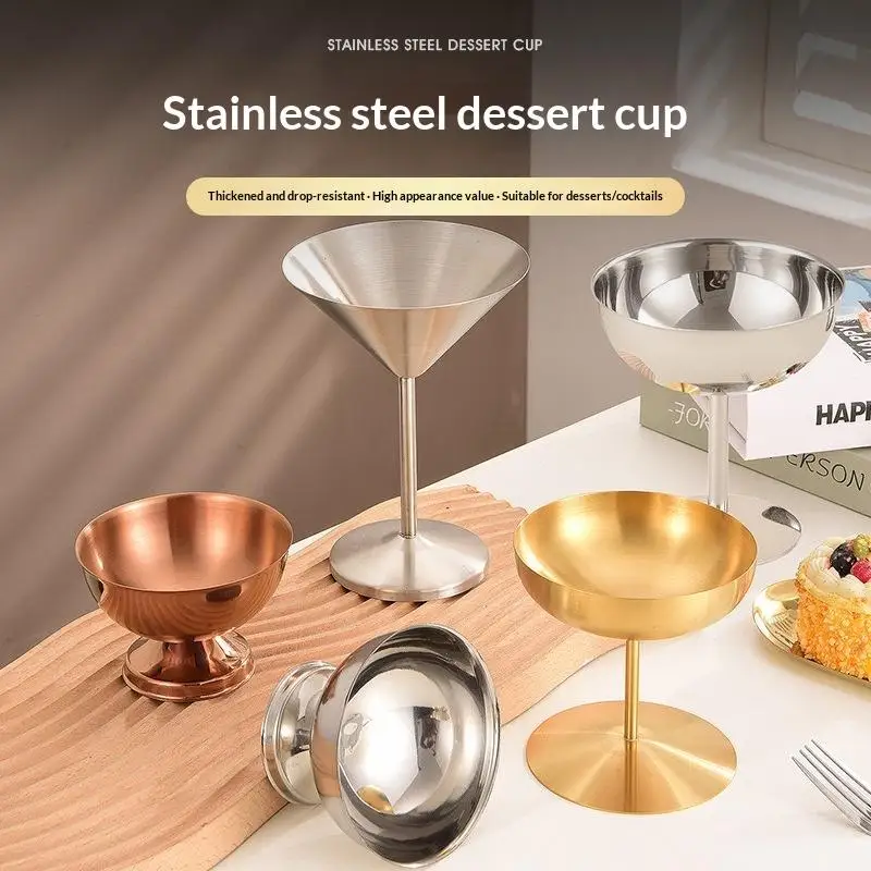 Stainless Steel Dessert Cup Leak Proof Optional Lid Thickened Drop Resistant for Home Outdoor Ice Cream Snack Serving Use