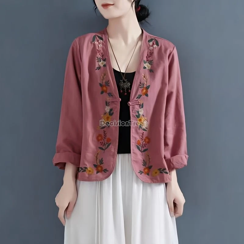 2024 retro literature art cotton linen top chinese style embroidery casual cardigan autumn daily fashionable versatile outerwear