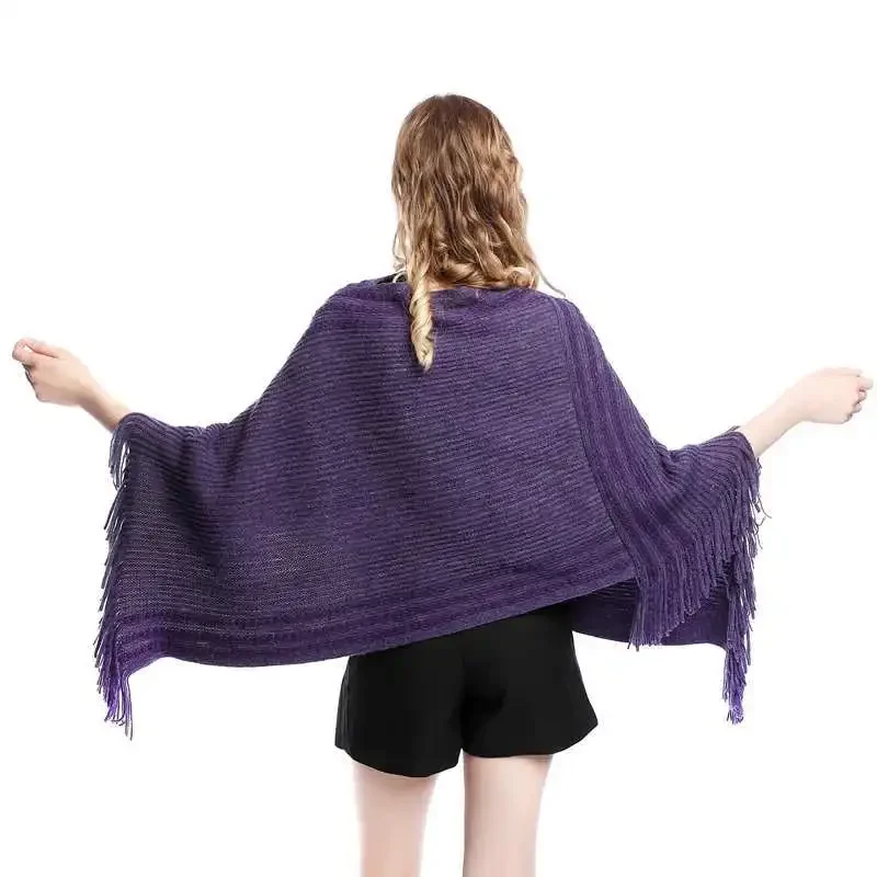 

Korean Spring Autumn Hot Selling Imitation Wool Cloak Shawl Knitted Female Tassel Warm Covering Lady Coat Purple