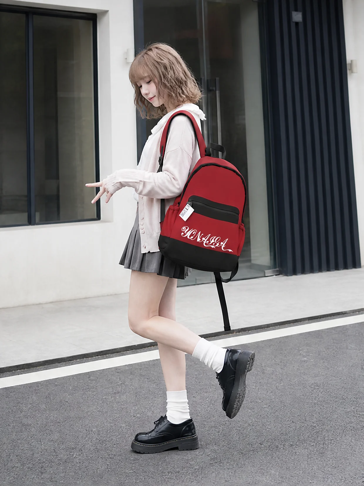 YONAIGA Original Trendy Cool Black Red Color Block Large Capacity Women's Backpack Casual Versatile Style Commuting Bookbag