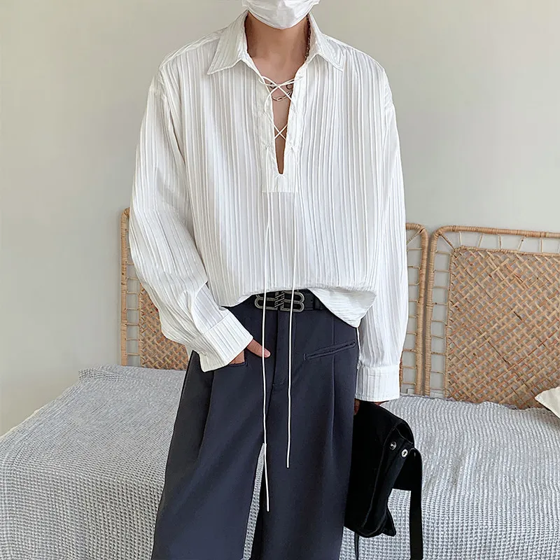 

Summer Baroque Sle Men's irt Loose Long Sve Textured Trendy Belted Rope Tie irt High-End Feeling Casual Faion