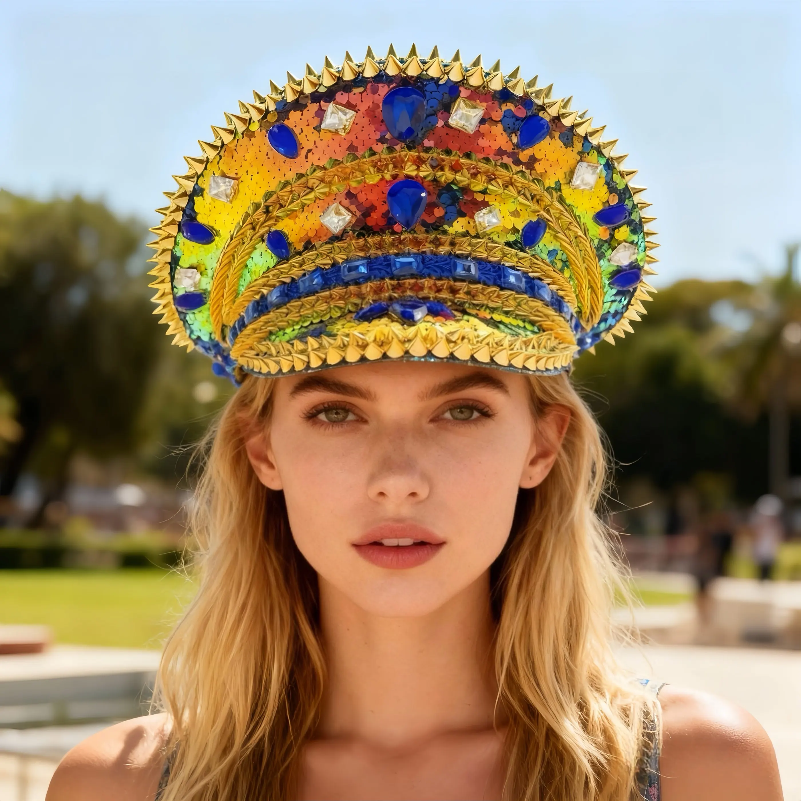 หมวกกัปตันฮองหลวนประดับกลิตเตอร์สีทองและคริสตัลสำหรับงานเทศกาลดนตรี ผู้หญิง หมวกแฟนซีสำหรับงานคาร์นิวัลและคอสเพลย์ อุปกรณ์เสริมสำหรับผู้หญิง