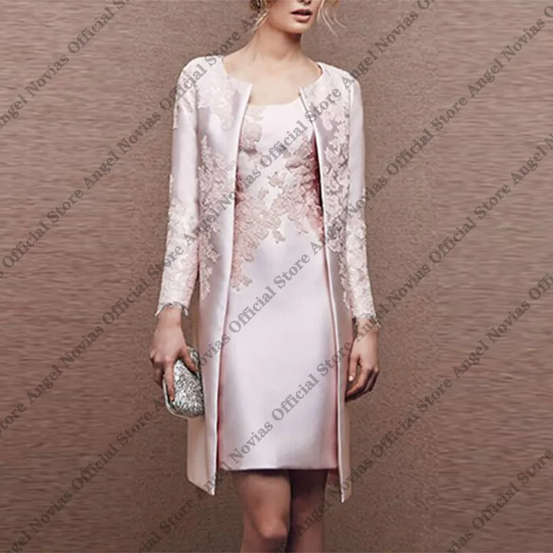 

Knee Length Pink Satin Mother of the Bride Dresses 2026 with Jacket Wedding Party Dress vestidos madrina de alta calidad