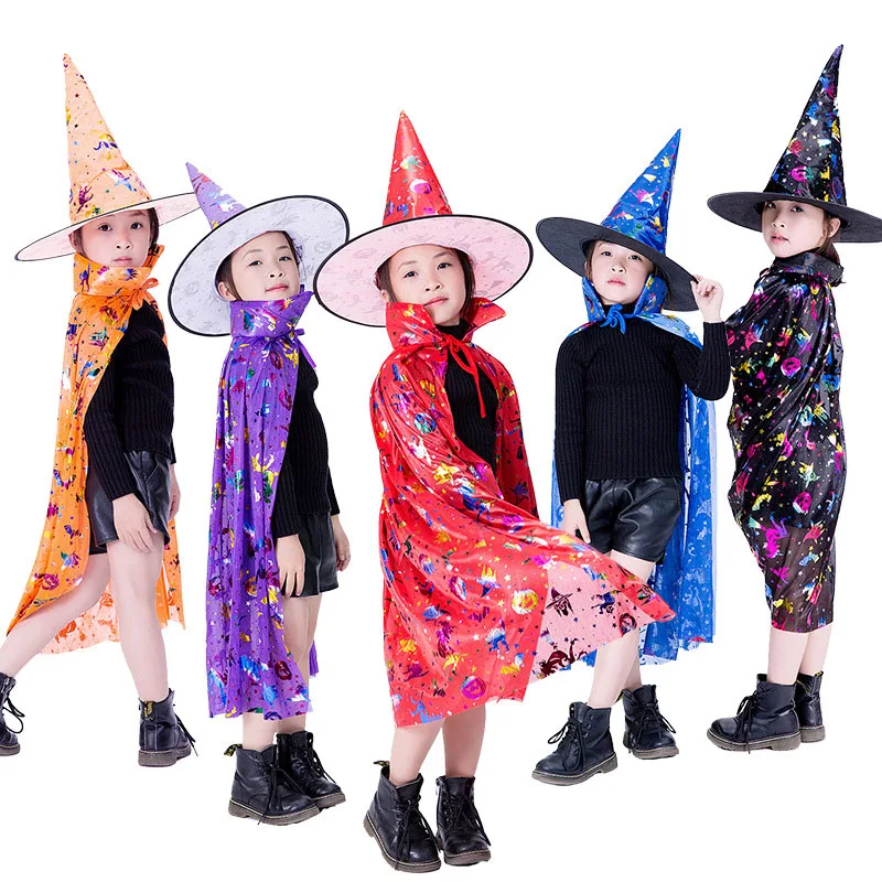 Kids Halloween Masquerade Costume Wizard Witch Cloak Cape Robe with Hat Children Stage Show Clothing Halloween Party Cosplay