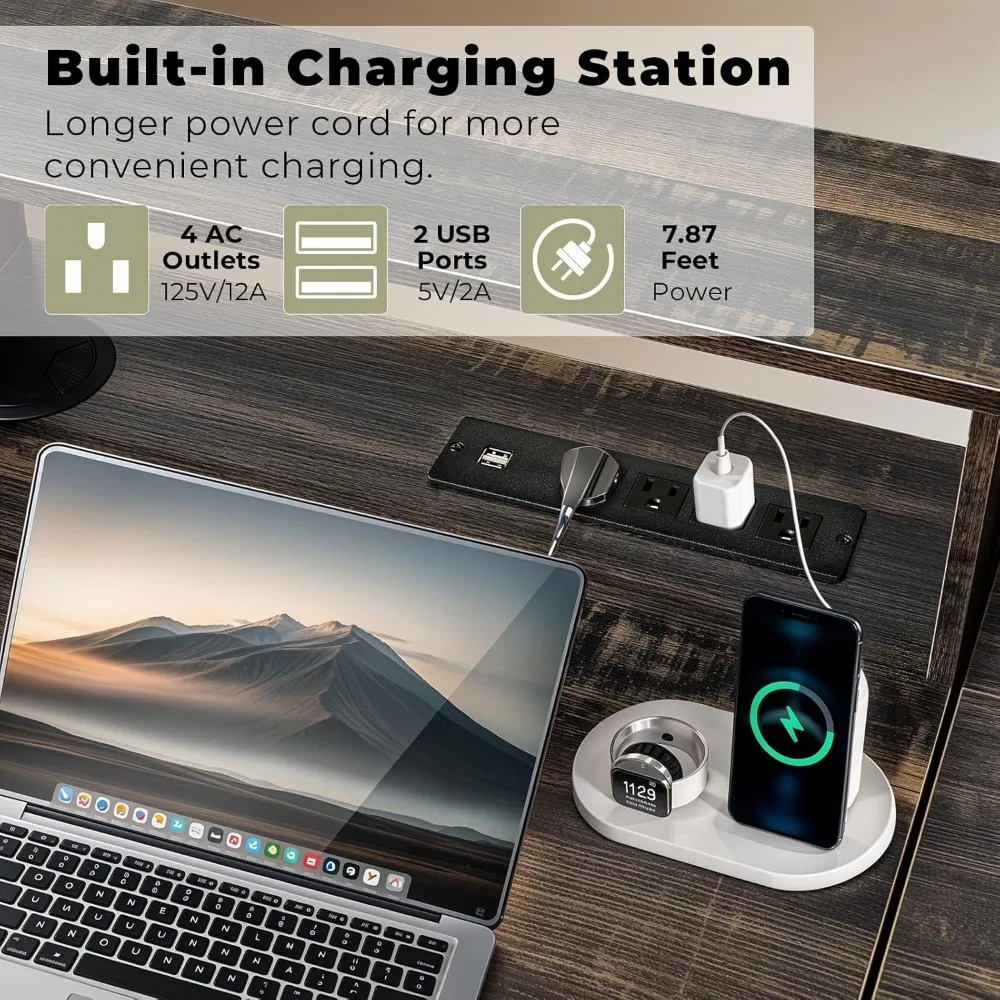 مكتب رفع على طراز المزرعة مع أدراج تخزين، ومحطة شحن، وأضواء مستشعر، وميزات ألعاب الكمبيوتر للمكتب المنزلي